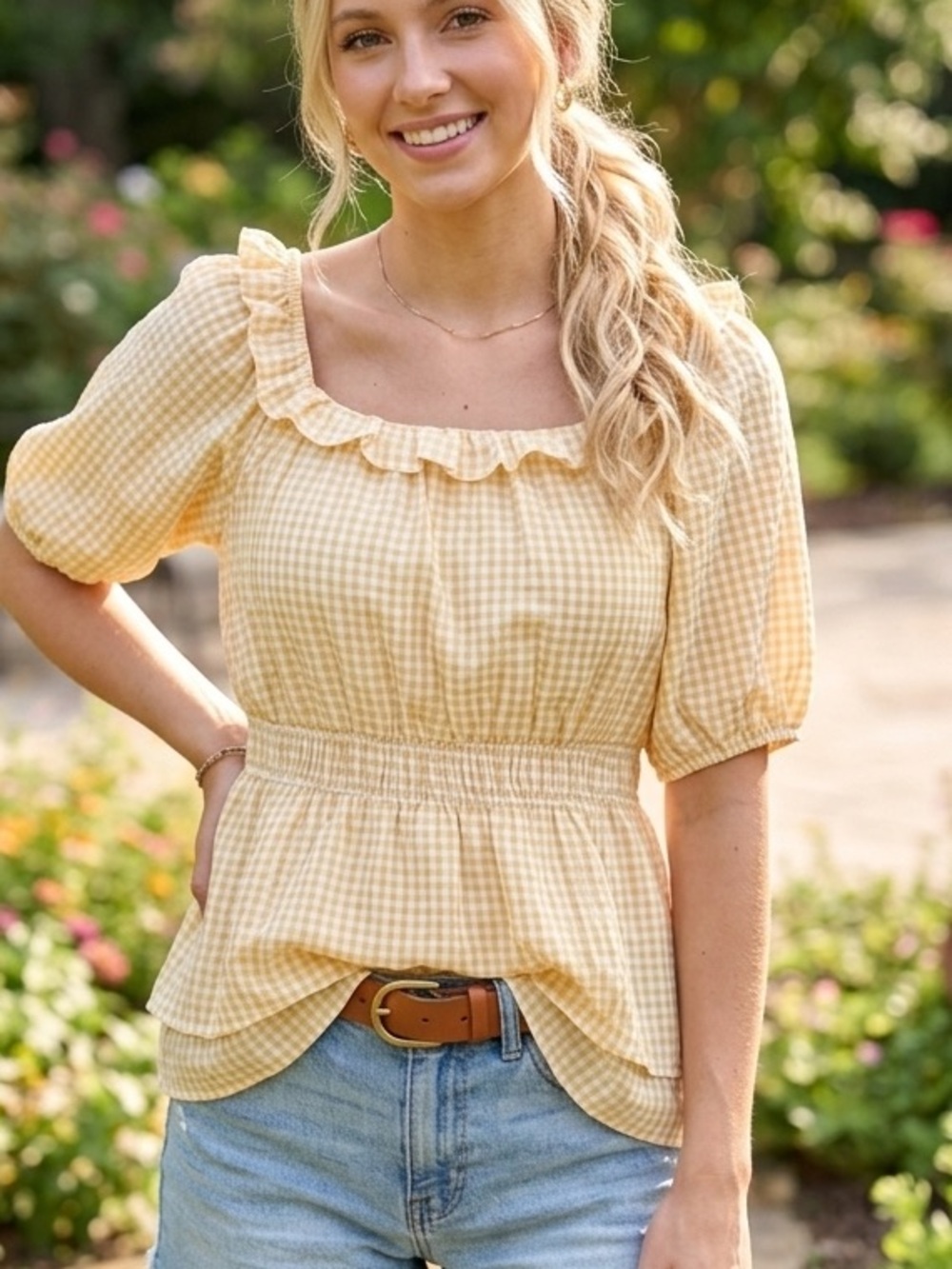 Smocked Waist Yellow Gingham Blouse with Ruffle Neckline